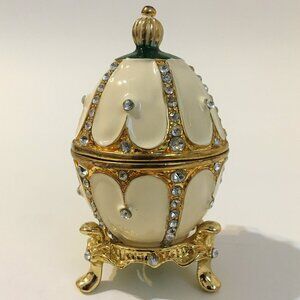 Jeweled Enamel Egg Trinket Box Jewelry Holder Rhinestones White Green Gold Stand